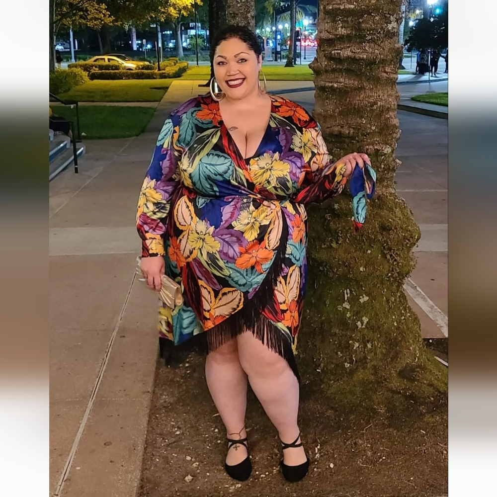 Size 28 Eloquii Printed Wrap Fringe Dress